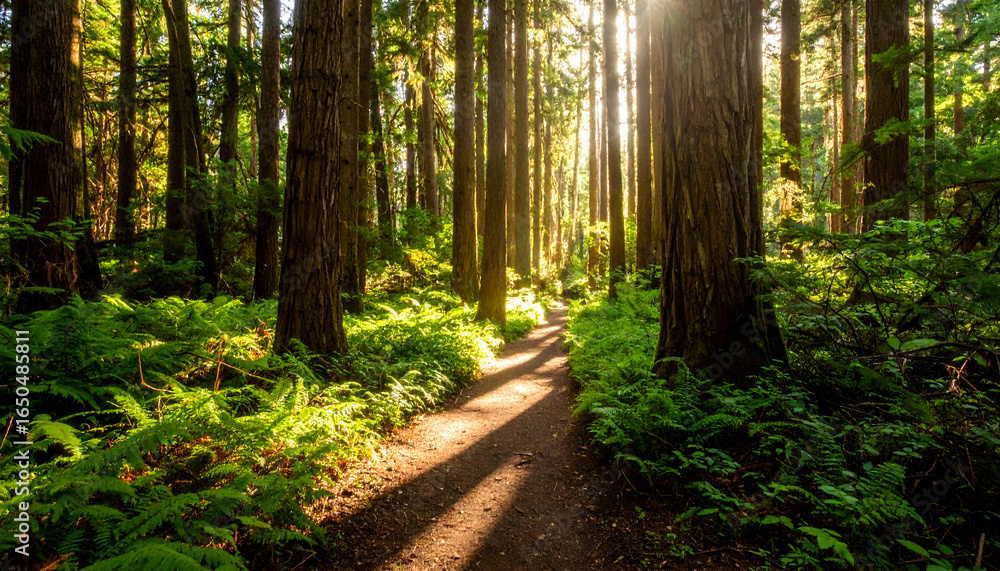 Obraz premium Sunlit Forest Path Winding Through Tall Trees with Green Foliage and Shadows