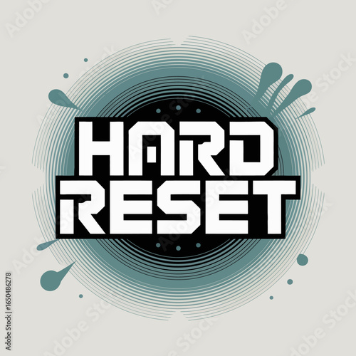 Modern graphic design featuring the bold white text hard reset in a distressed futuristic font against a swirling abstract background with green splatters and a circular gradient effect