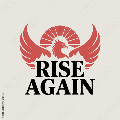 Powerful phoenix logo with outstretched wings and rising sun symbolizes rebirth resilience and overcoming challenges with the inspiring text rise again