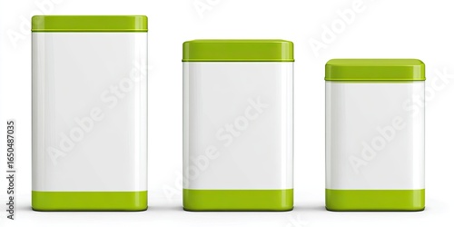 Three empty, rectangular, metal tins in varying sizes, each with a lime-green lid and white body