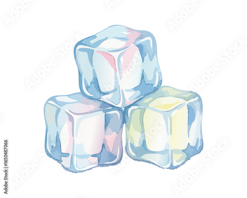 Watercolor style illustration featuring a stack of three ice cubes with transparent, blue, and pastel colors.