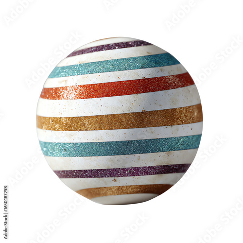 3d ornament ball with glitter and stripes, centered object, clay style