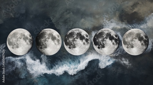 Five moon phases each depicting a unique scientific phenomenon artistically.