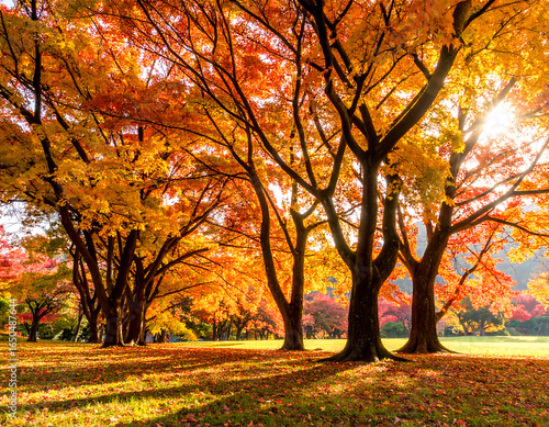 Vibrant autumn trees with colorful leaves casting shadows on grassy ground.