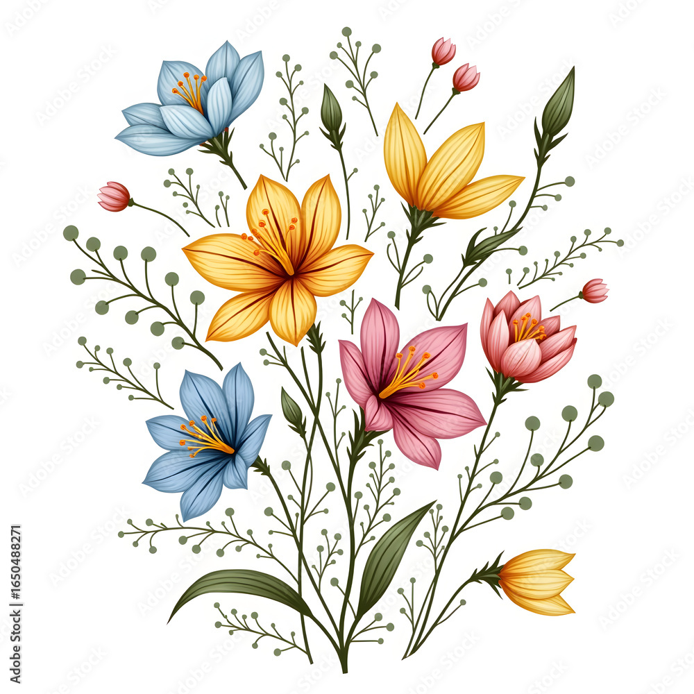 Fototapeta premium Colorful Flowers Illustration with Blooming Lilies and Buds