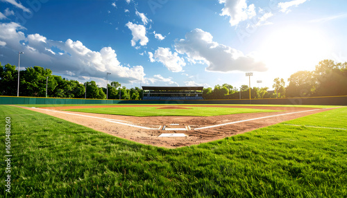 Baseball Field Perspective Under Blue Cloudy Sky with Green Grass and Sunlight
