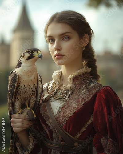 Noblewoman in red medieval dress holding a falcon by a castle tower
