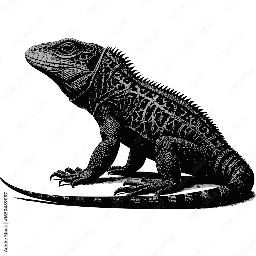 Obraz premium Regal Reptile: A detailed monochromatic illustration of a lizard, showcasing its intricate scales and majestic posture.