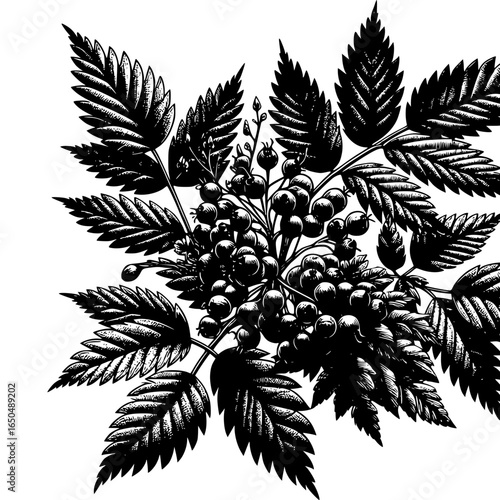 Nature's Ink: A close-up grayscale artistic illustration of a detailed botanical artwork, a symphony of organic shapes and textures created with skillful linework