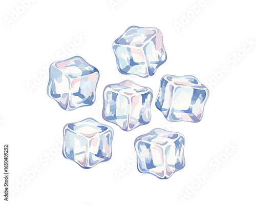 Fresh ice cubes, hand painted with blue and white color palette, cool and refreshing. Vector Illustration.