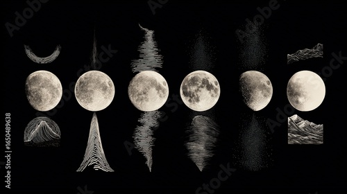 Five moon phases each depicting a unique scientific phenomenon artistically.