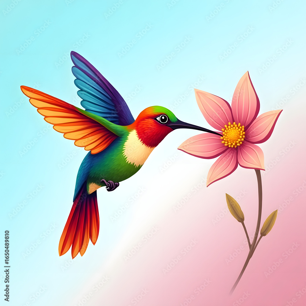 Obraz premium Colorful Hummingbird Feeding from Pink Flower