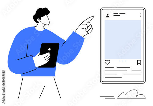 Minimalist user holding tablet while pointing to oversized social media post layout with thumbs ups, comments, and save icons. Ideal for digital interaction, social media planning, app design, user
