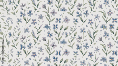 Whimsical Floral Pattern with Blue ForgetMeNots and Green Leaves on Light Gray Background