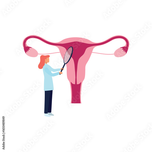 Gynecologist Tracking Female Menstrual Cycle and Reproductive System Diagram