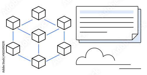 Connected cubes representing a blockchain network with data exchange shown via text panels and cloud. Ideal for blockchain, data sharing, cloud computing, networking, digital ledger, database