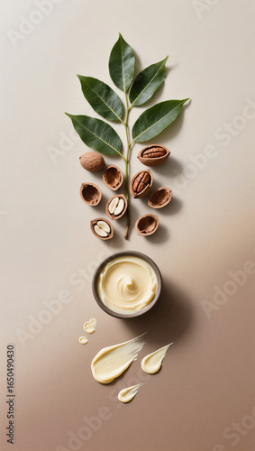 flat lay with shea butter bowl placed at base, above it arranged a minimalist bouquet of shea tree leaves, open nut shells and buttery textures