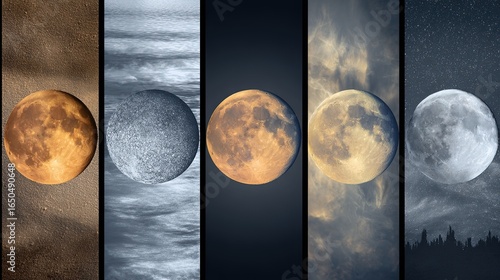 Five moon phases each depicting a unique scientific phenomenon artistically.