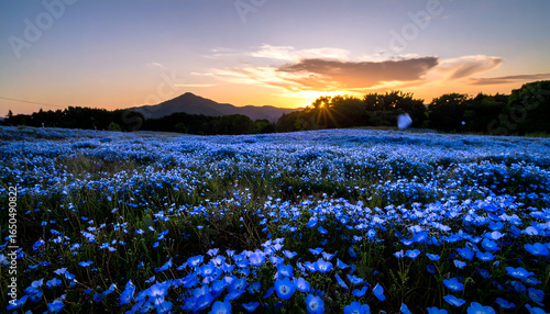 Vibrant Blue Flowers Field Illuminated By Sunset Sunlight Across Horizon and Mountainous Background