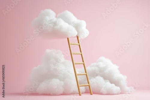 Wool ladder emerging from white clouds with gold edges on pastel pink background, minimalist product photography style, soft natural lighting, macro close-up with delicate textures