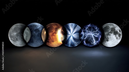 Five moon phases each depicting a unique scientific phenomenon artistically.