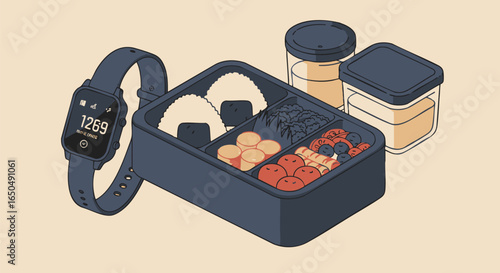 A stylized vector illustration of modern daily wares, featuring a prepared lunchbox and a fitness tracker watch for a healthy lifestyle