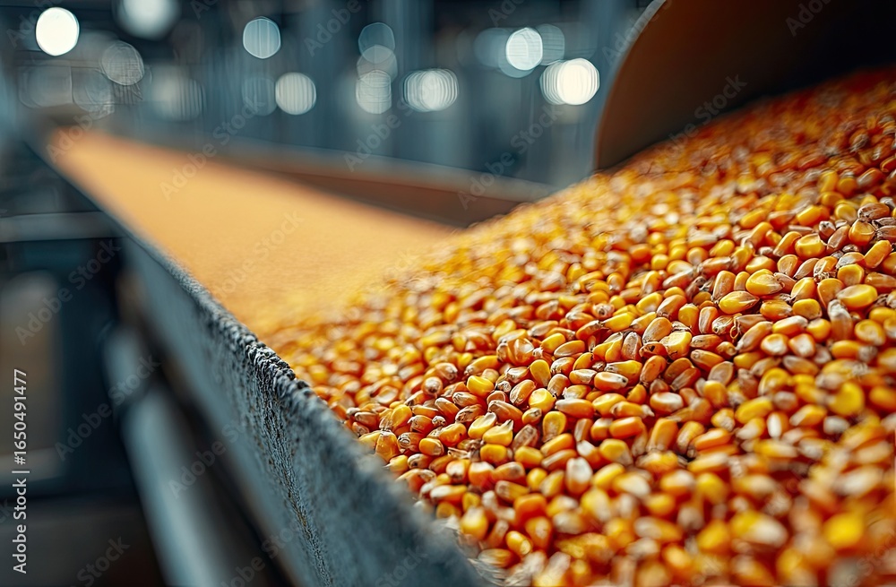 Fototapeta premium Corn kernels piled high on a conveyor belt in a factory