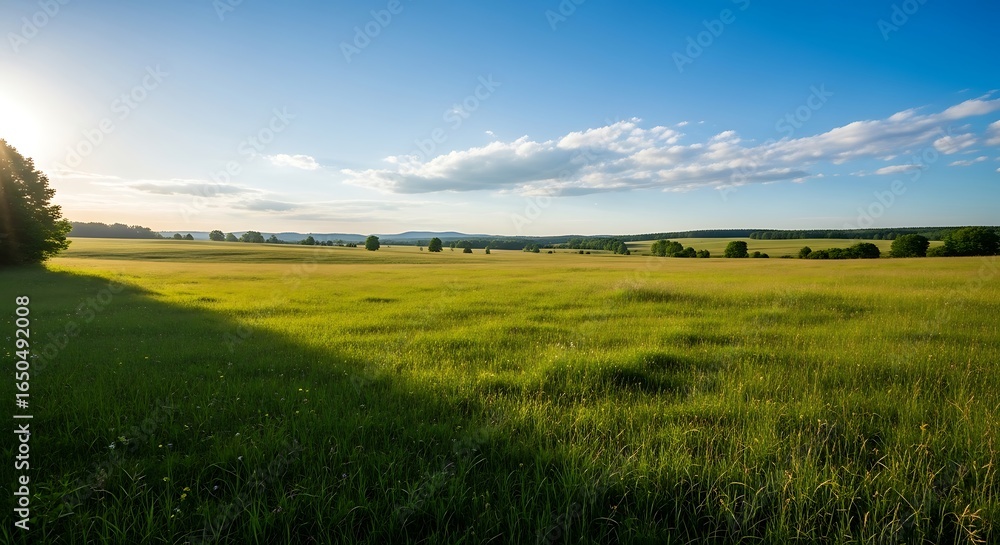 Fototapeta premium Expansive meadow under a serene sky casting long shadows a rural landscape