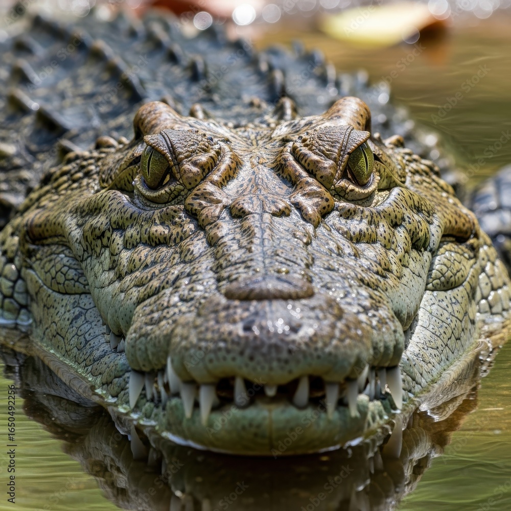 Obraz premium Menacing crocodile portrait in shallow water with a predatory gaze