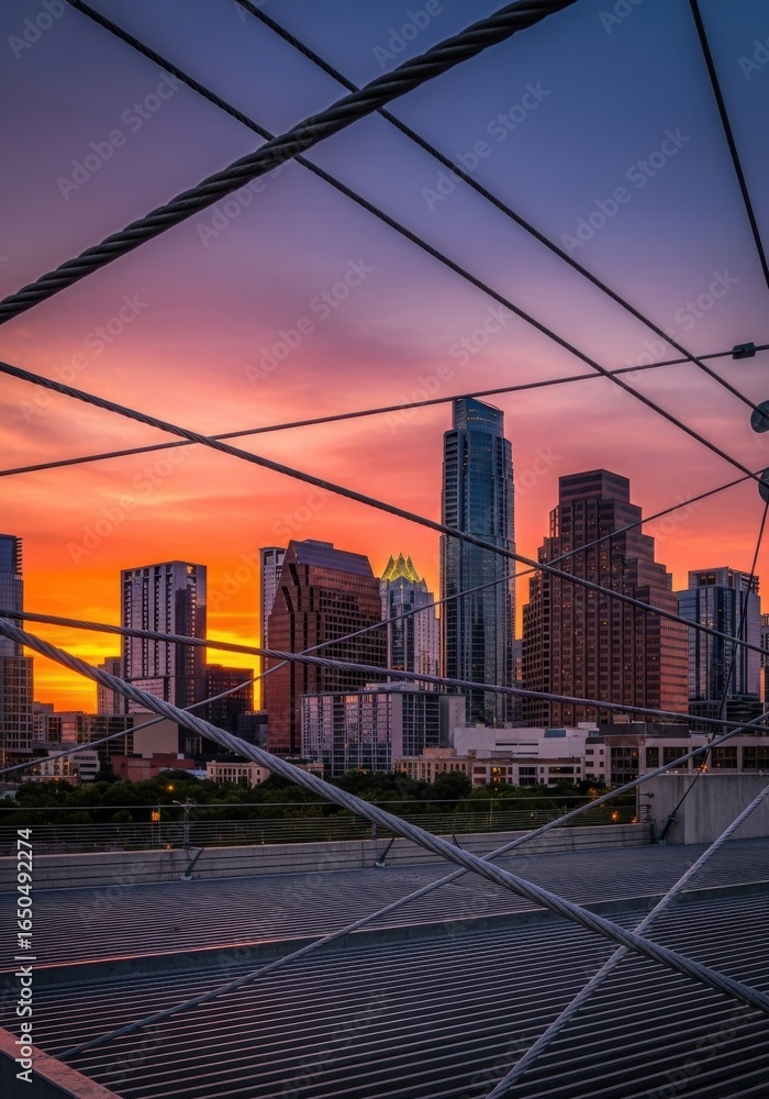 Obraz premium Austin Texas Skyline at Dusk Seen Through Bridge Cables, A Vibrant Vista