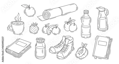 Healthy lifestyle elements including food, drink, exercise, and reading for wellness and well-being, modern design