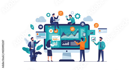 Team analyzing business data and financial charts on a large computer screen in a modern office setting, teamwork concept