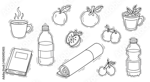 Healthy lifestyle sketch set with coffee, fruits, water bottles, book, and rolled yoga mat for wellness, fitness, and relaxation
