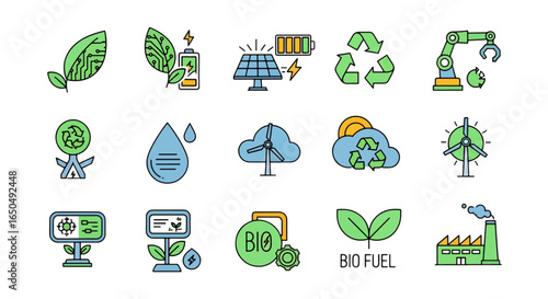 Eco-friendly energy sources and sustainability icons representing green technology, renewable power, and environmental conservation for a better future