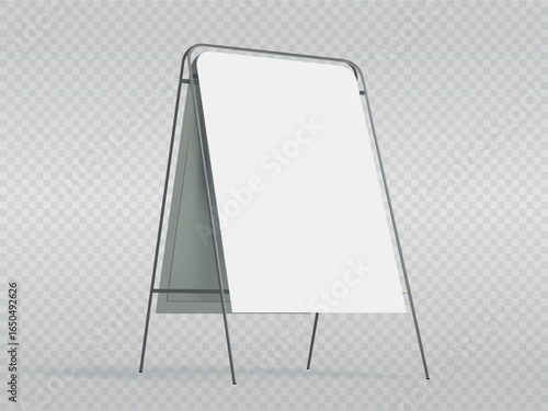 Advertising easel stand, sandwich sign board frame mockup. 3d menu double poster display for restaurant on sidewalk. Outdoor chalkboard for promo notice with food and coffee. Empty signage mock up
