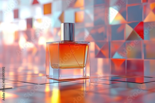Amber perfume bottle on a geometric surface.