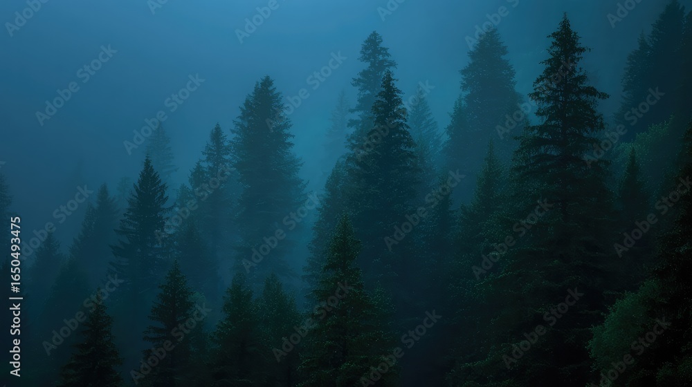 Obraz premium A misty forest at dusk, tall pines shrouded in fog, evoking a sense of mystery and quiet solitude.