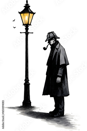 Detective Under Streetlamp – Noir Silhouette Illustration with Transparent Background