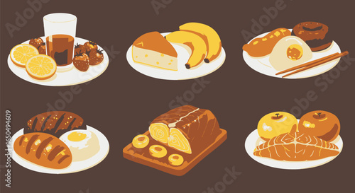 Variety of food options, including fruits, pastries, and beverages, arranged on white plates for display