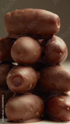 Wallpaper Mural Close Up Tower of Chocolate Covered Dates with Smooth Dark Brown Coating Stacked Against a Soft Grey Background Creating an Indulgent and Gourmet Vibe Perfect for Culinary and Decorative Purposes Torontodigital.ca