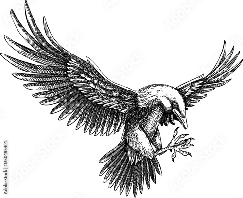 Flying crow vector sketch. Hand-drawn vector illustration in engraved style. Large black bird. Vintage raven drawing. NOT AI generated