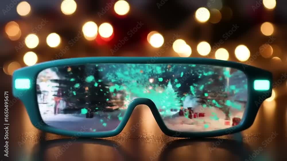 Futuristic glasses showcasing a snowy landscape with festive lights and decorations in the background Futuristic glasses showcasing a snowy landscape with festive lights and decorations in the background