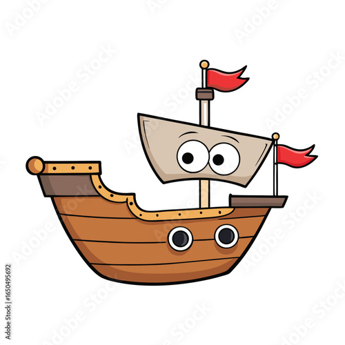 Whimsical pirate ship illustration with googly eyes
