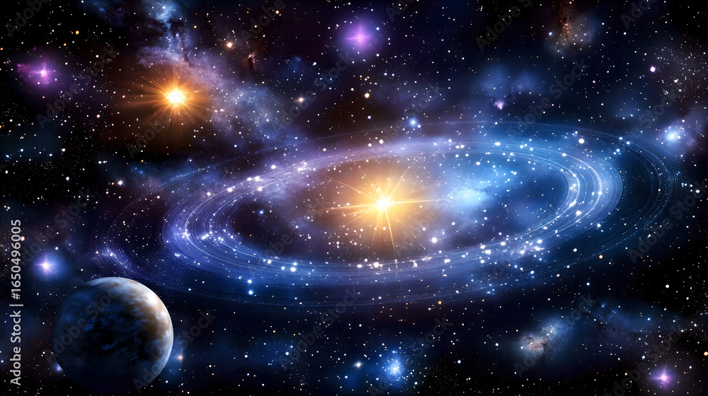 Fototapeta premium Protoplanetary disk with glowing organic molecules resembling cosmic constellations.