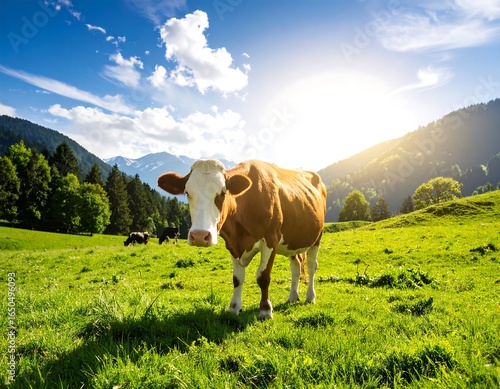 Cow in a meadow, mountains background