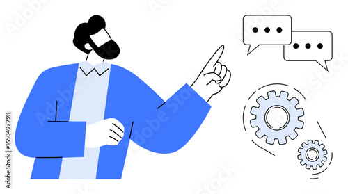 Man in blue jacket pointing at speech bubbles and gears indicating teamwork, communication, innovation, and strategy. Ideal for collaboration, discussion, business, leadership, problem-solving