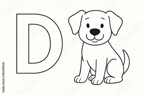 Letter "D" next to a dog, both outlined, simple font, educational coloring page, alphabet series, black and white
