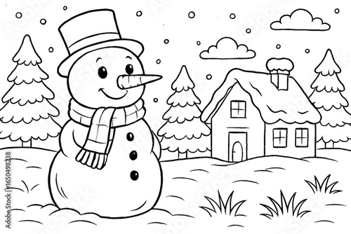 Snowman with a carrot nose and scarf standing in a snowy yard, house and trees covered in snow, winter theme, simple outlines