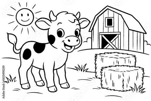 Cute calf standing near a barn with hay bales, sunny farm scene, simple outlines, black and white, coloring page for preschoolers