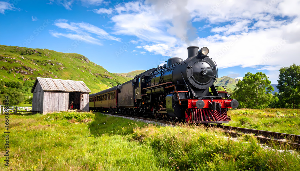 Naklejka premium Steam train scenic landscape journey